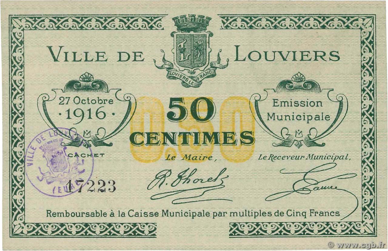 50 Centimes FRANCE Regionalismus und verschiedenen Louviers 1916 JP.27-22 fST