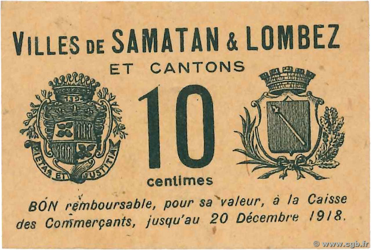 10 Centimes FRANCE régionalisme et divers Samatan & Lombez 1918 JP.32-142 NEUF