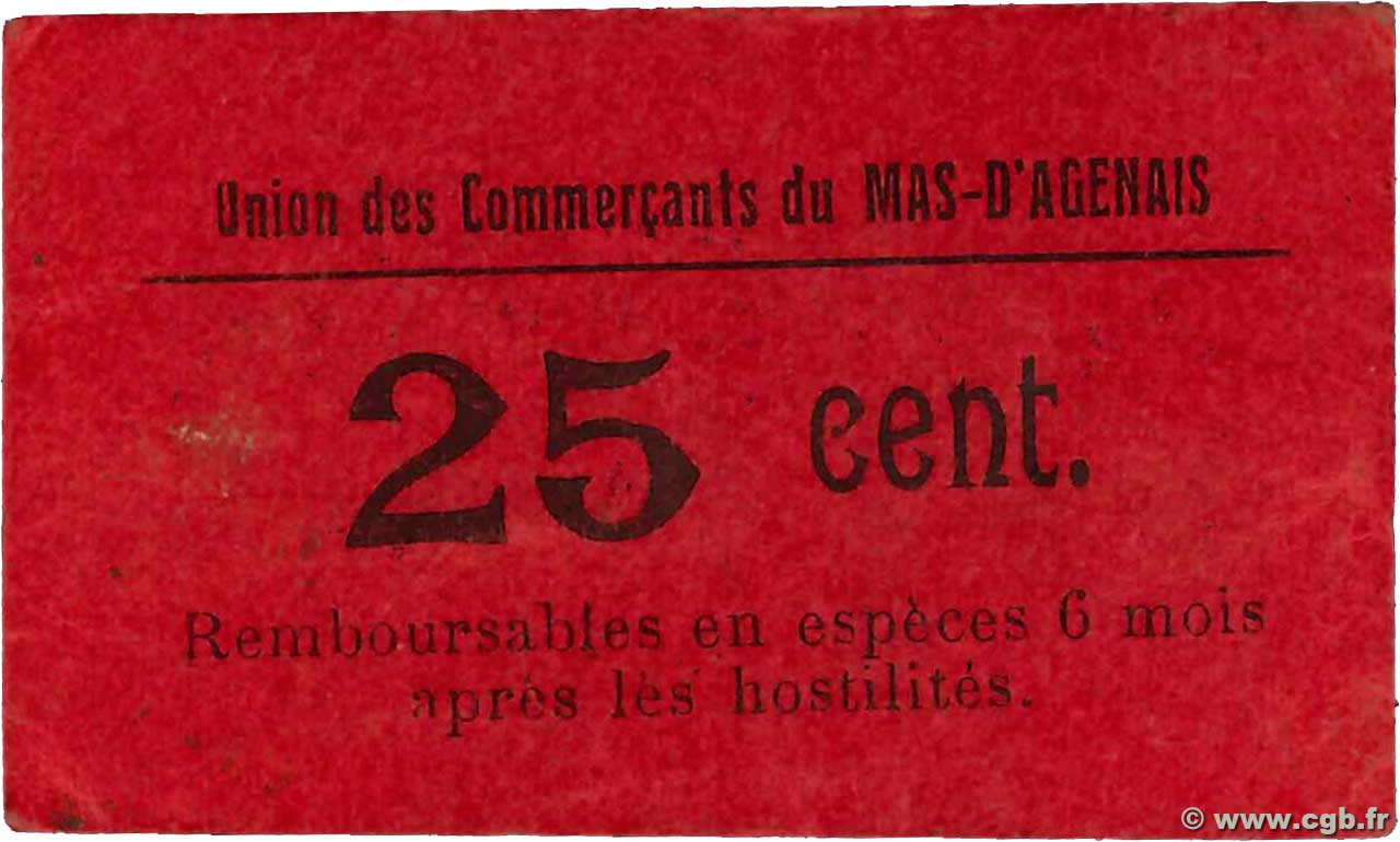 25 Centimes FRANCE regionalismo y varios Le Mas D Agenais 1914 JP.47-192 MBC