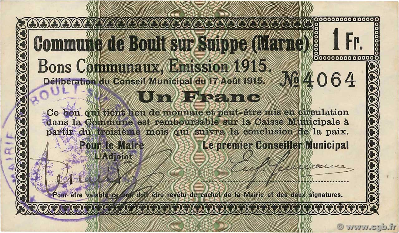 1 Franc FRANCE Regionalismus und verschiedenen Boult-Sur-Suippe 1915 JP.51-10 fST