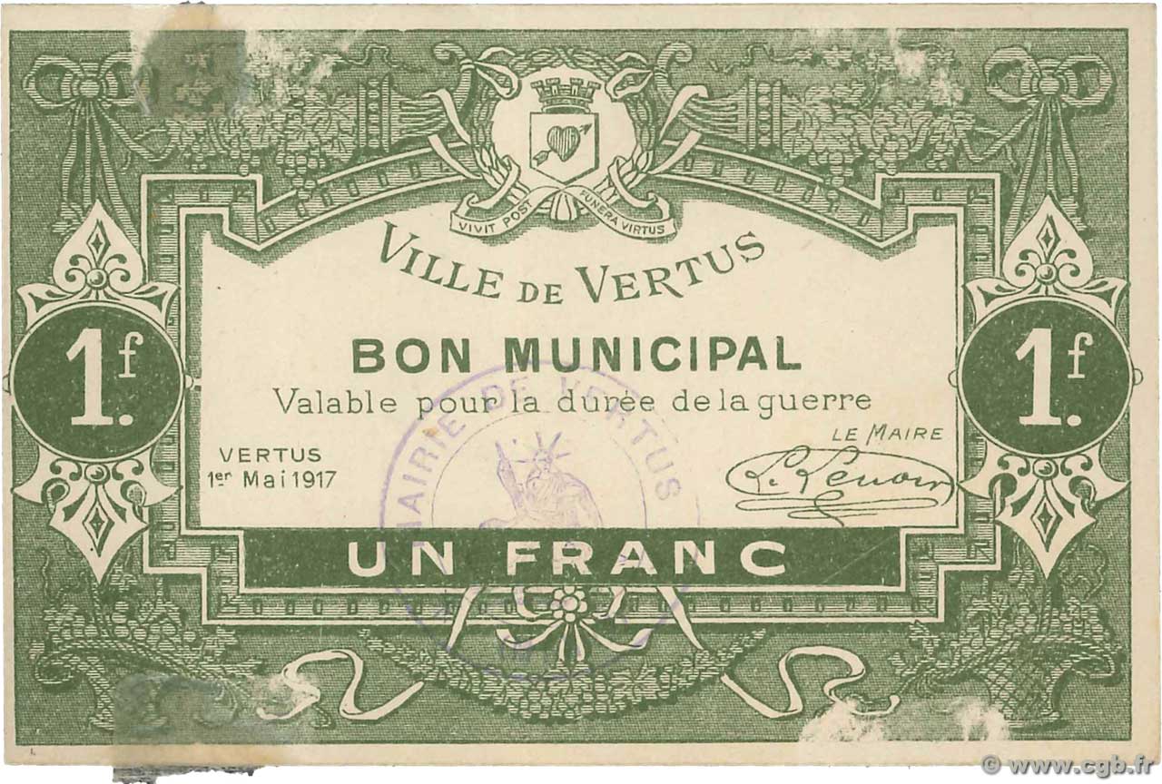 1 Franc FRANCE regionalism and various Vertus 1917 JP.51-58 XF