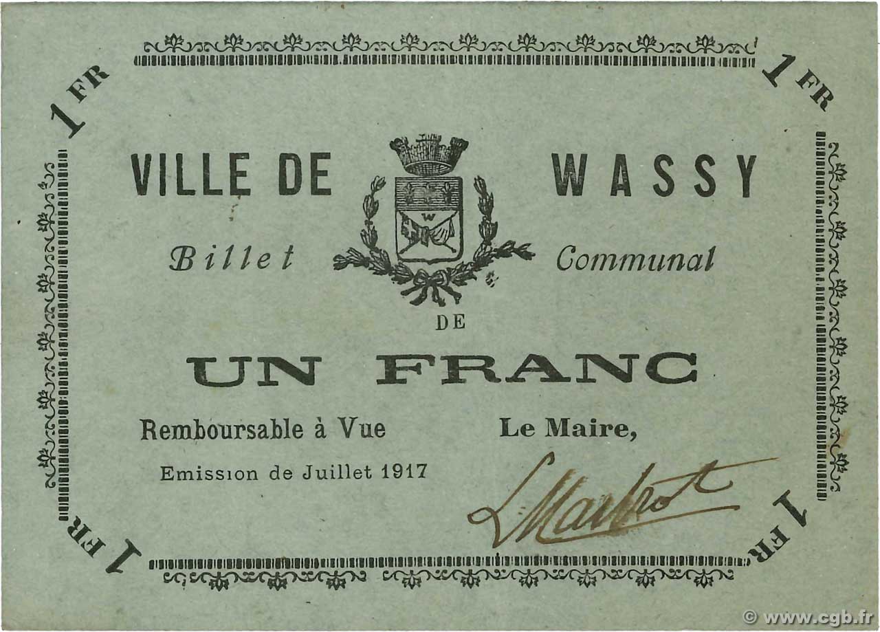 1 Franc FRANCE Regionalismus und verschiedenen Wassy 1917 JP.52-52 VZ