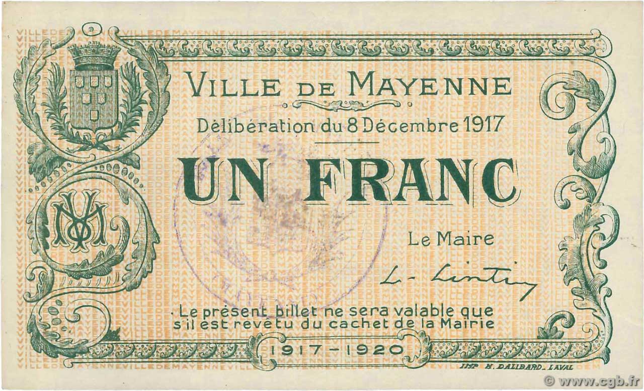 1 Franc FRANCE régionalisme et divers Mayenne 1917 JP.53-23 SPL