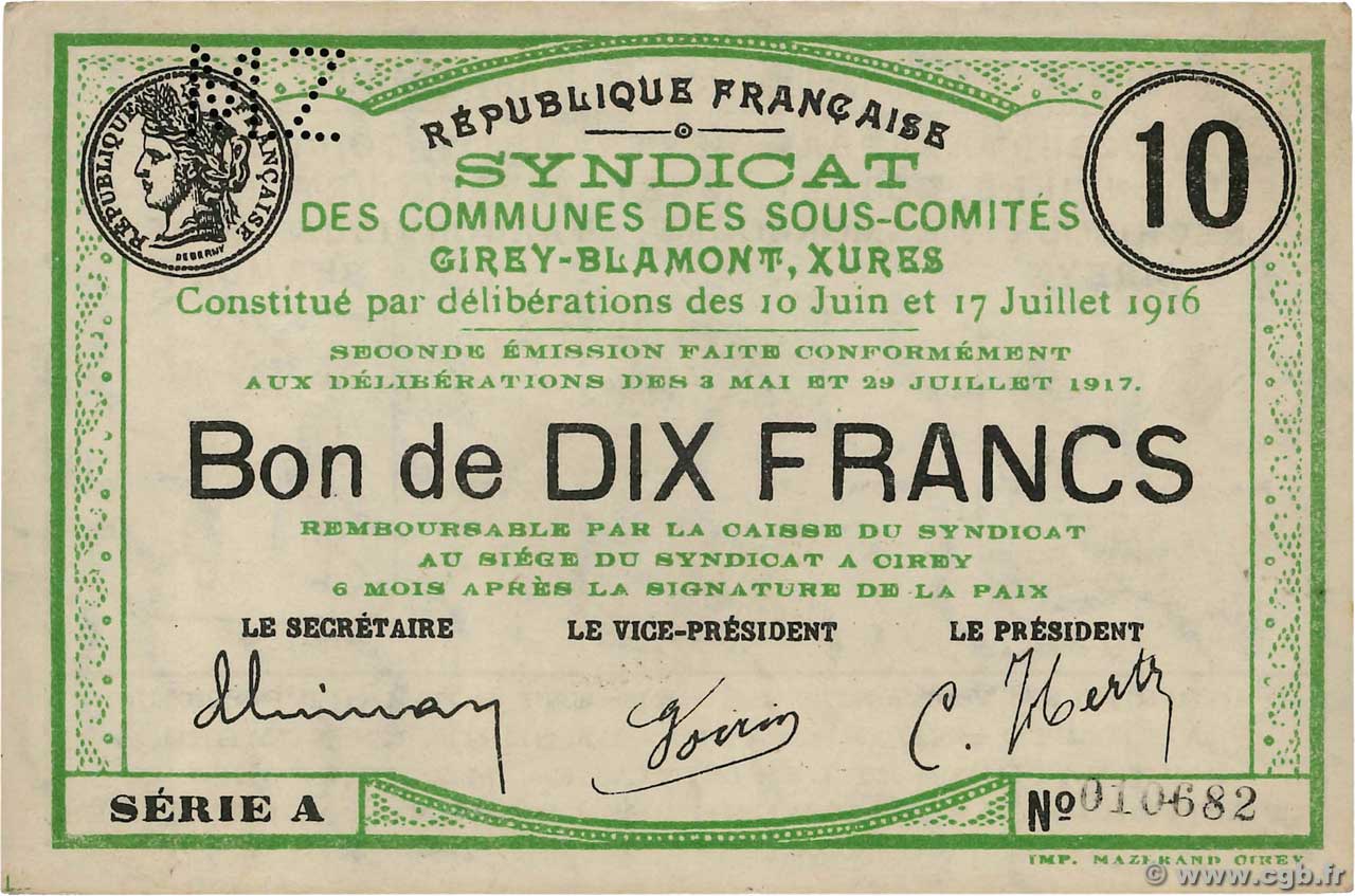 10 Francs FRANCE régionalisme et divers Cirey-Blamont, Xures 1916 JP.54-019 SPL