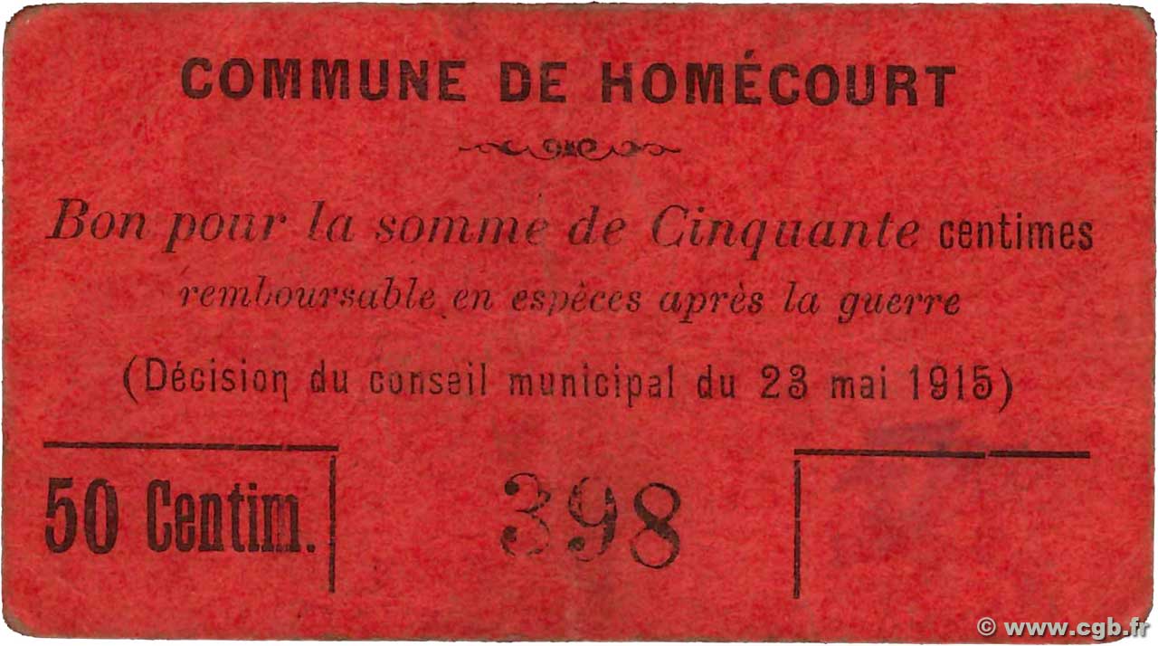 50 Centimes FRANCE régionalisme et divers Homecourt 1915 JP.54-030 TB