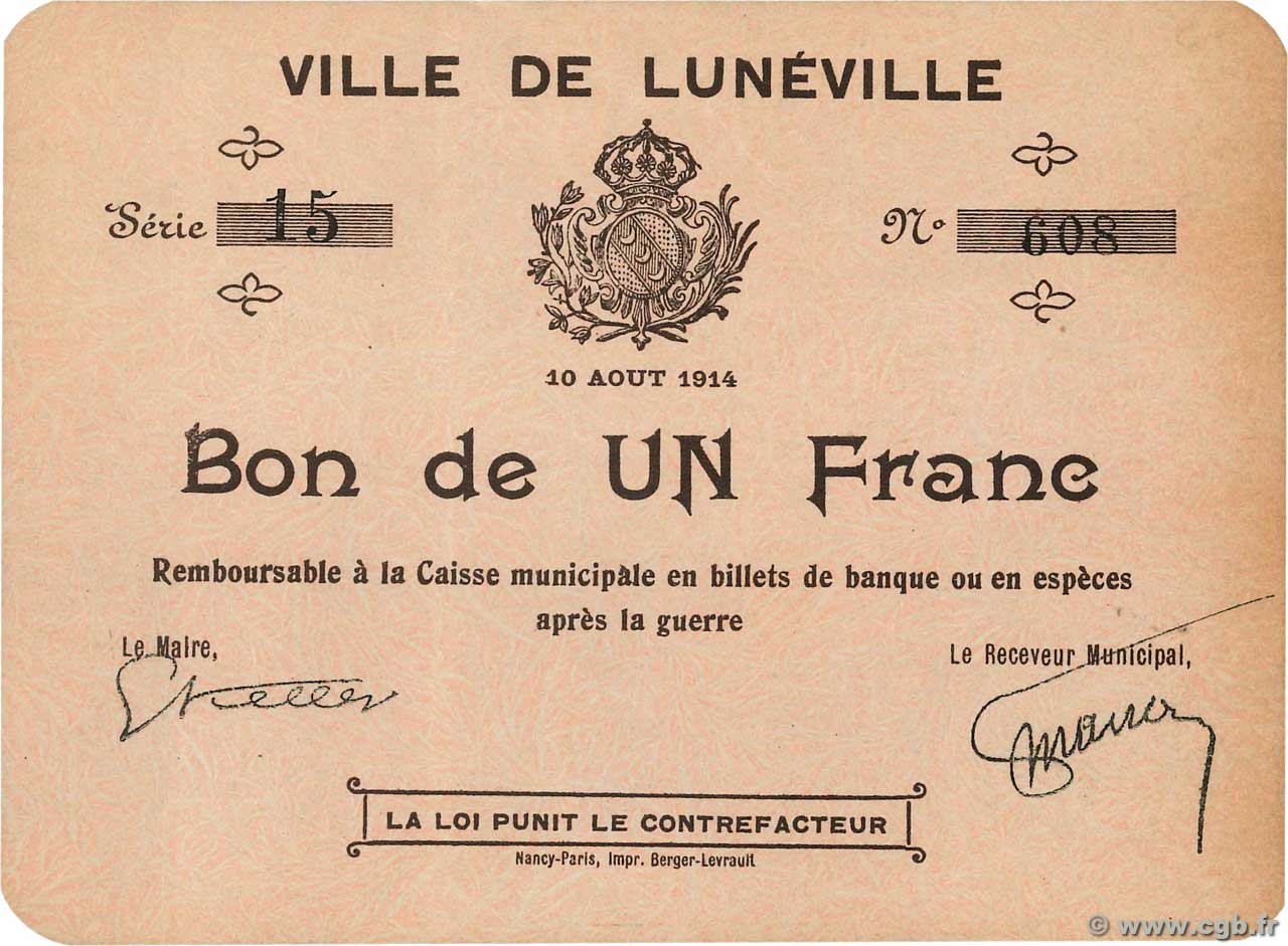 1 Franc FRANCE régionalisme et divers Luneville 1914 JP.54-075 SPL