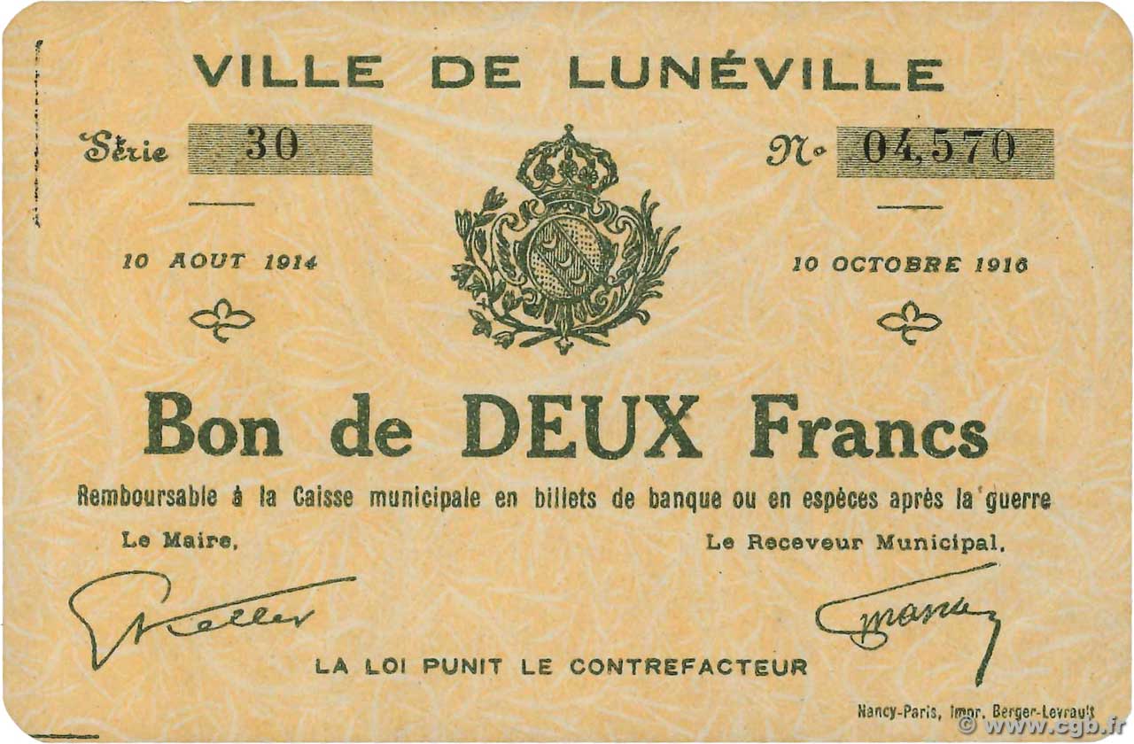 2 Francs FRANCE regionalismo y varios Luneville 1916 JP.54-078 EBC