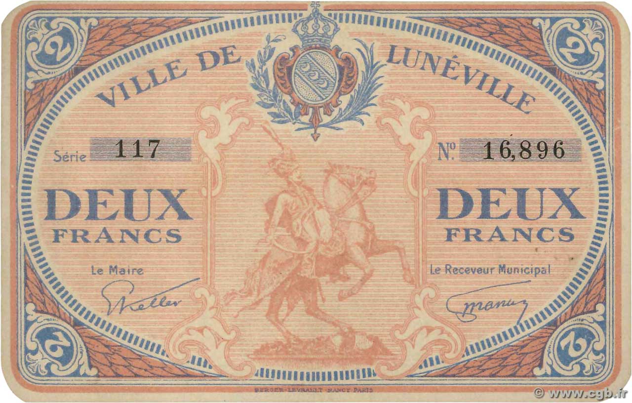 2 Francs FRANCE régionalisme et divers Luneville 1914 JP.54-079 SPL