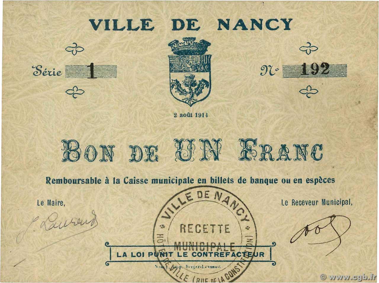 1 Franc FRANCE regionalism and various Nancy 1914 JP.54-081 XF