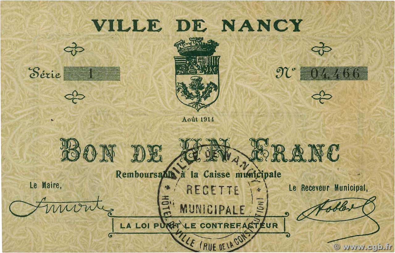 1 Franc FRANCE Regionalismus und verschiedenen Nancy 1914 JP.54-084 VZ
