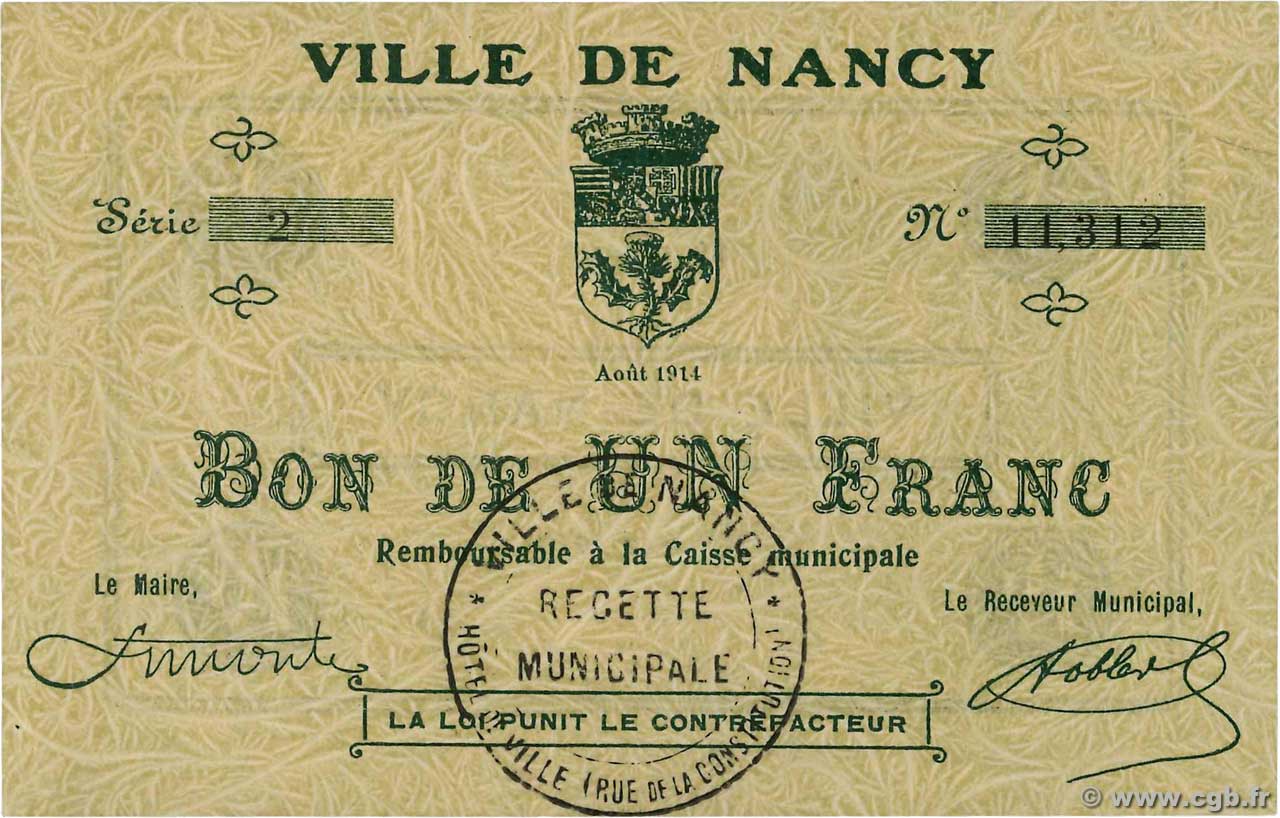 1 Franc FRANCE Regionalismus und verschiedenen Nancy 1914 JP.54-084 fST