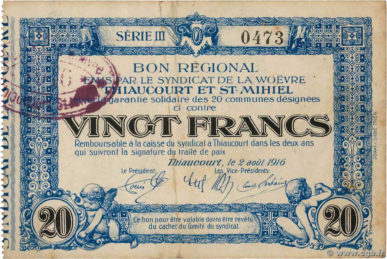 20 Francs FRANCE regionalismo y varios Thiaucourt Et St Mihiel 1916 JP.54-100 MBC