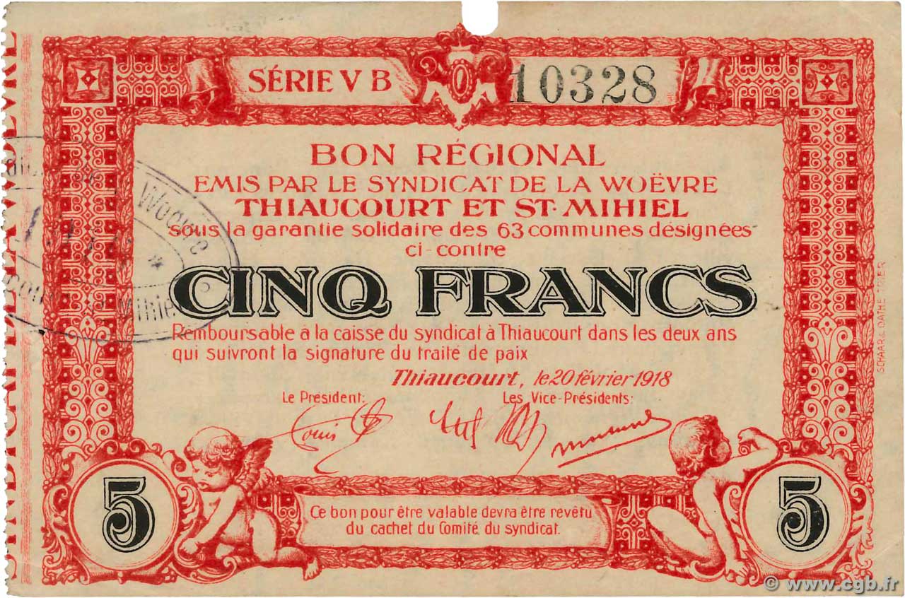 5 Francs FRANCE regionalism and various Thiaucourt Et St Mihiel 1918 JP.54-109 XF