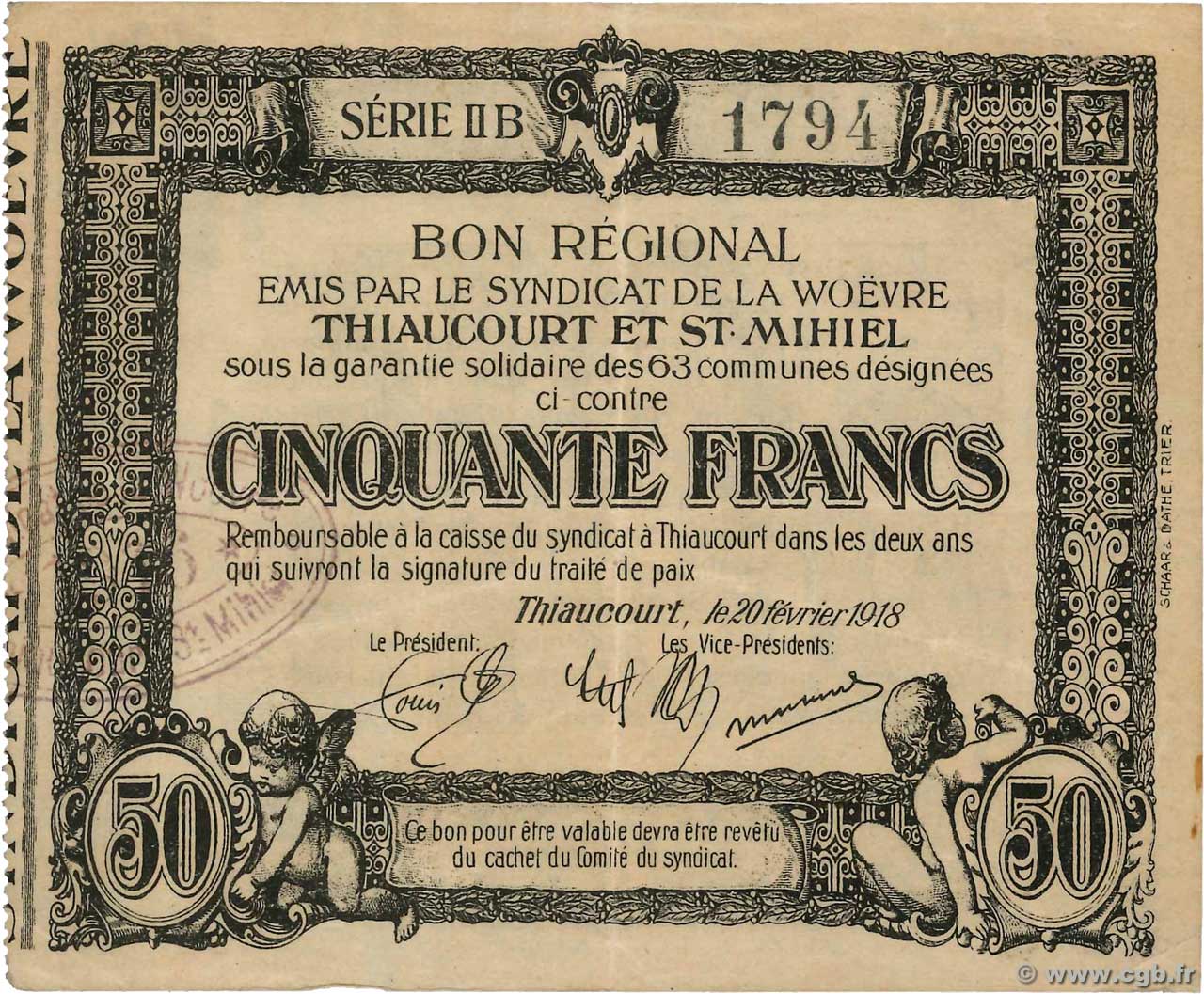 50 Francs FRANCE regionalism and various Thiaucourt Et St Mihiel 1918 JP.54-112 XF