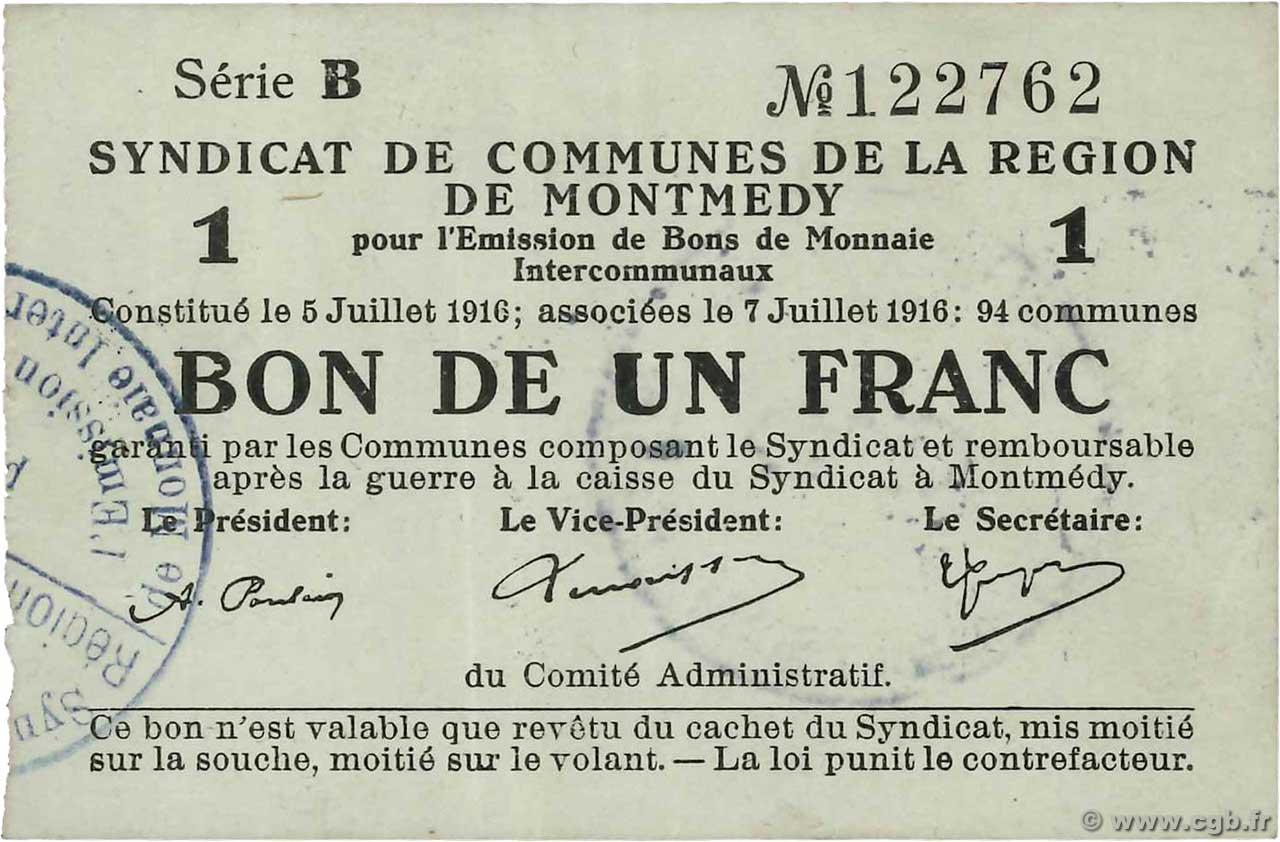 1 Franc FRANCE Regionalismus und verschiedenen Montmedy 1916 JP.55-02 VZ