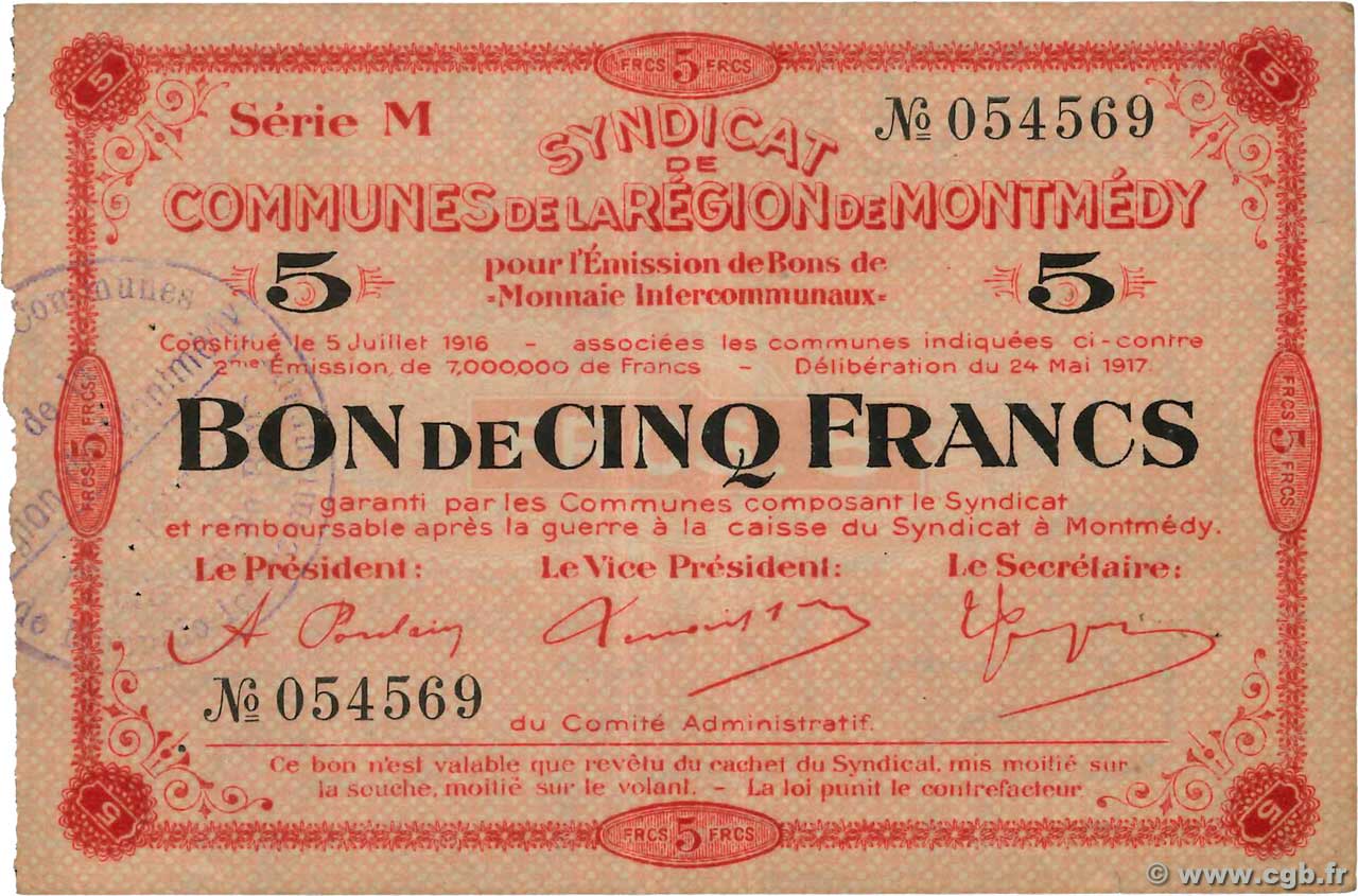 5 Francs FRANCE régionalisme et divers Montmedy 1916 JP.55-08 TTB