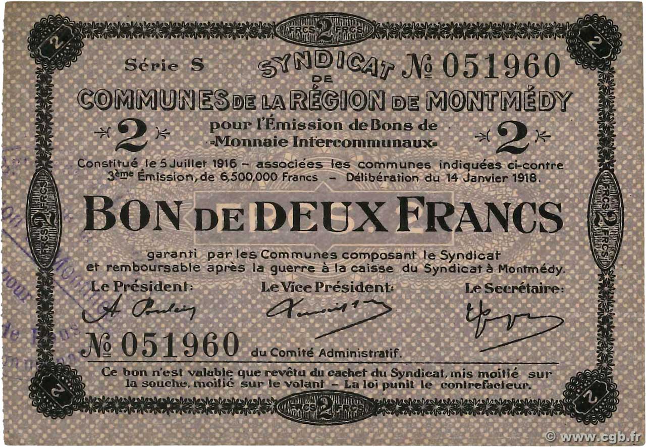 2 Francs FRANCE regionalismo e varie Montmedy 1916 JP.55-14 BB