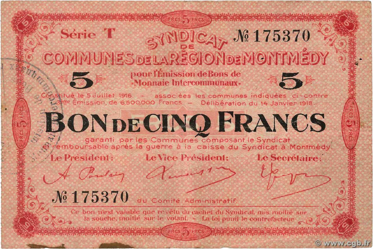 5 Francs FRANCE régionalisme et divers Montmedy 1916 JP.55-15 TTB