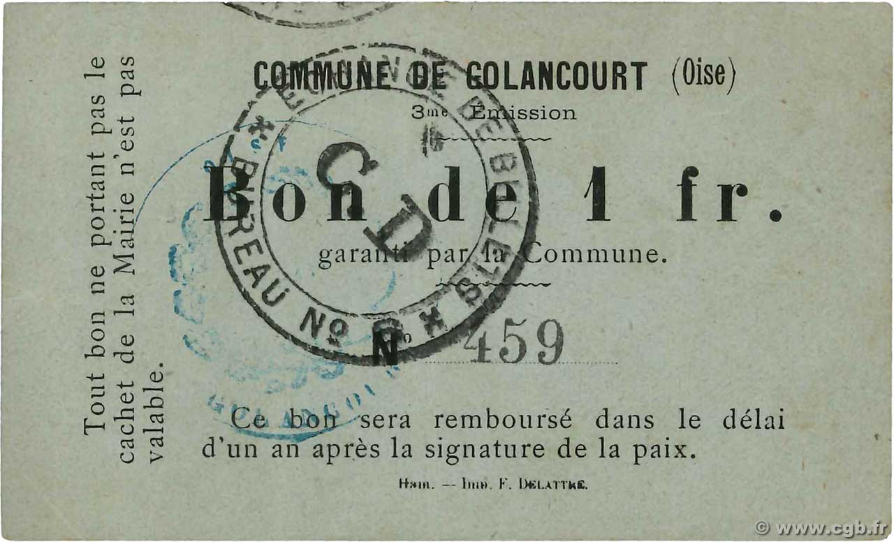 1 Franc FRANCE regionalism and various Golancourt 1914 JP.60-029 VF