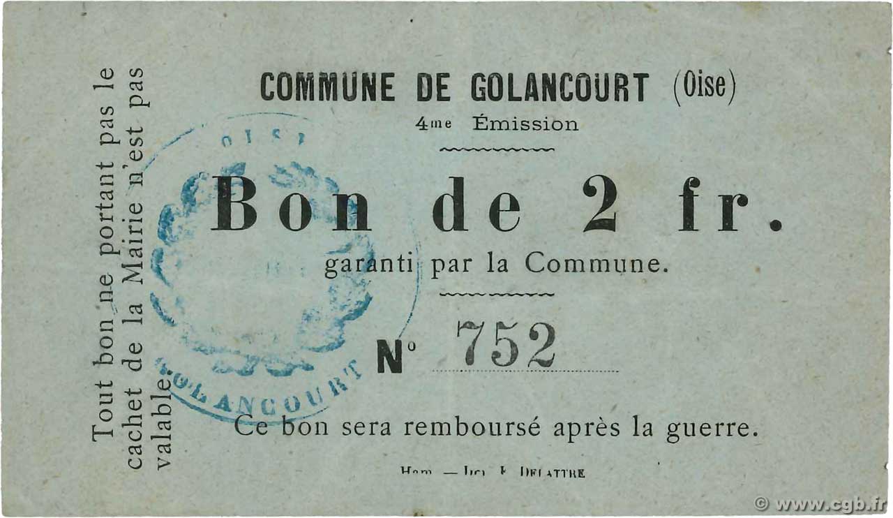 2 Francs FRANCE regionalismo e varie Golancourt 1914 JP.60-031 BB