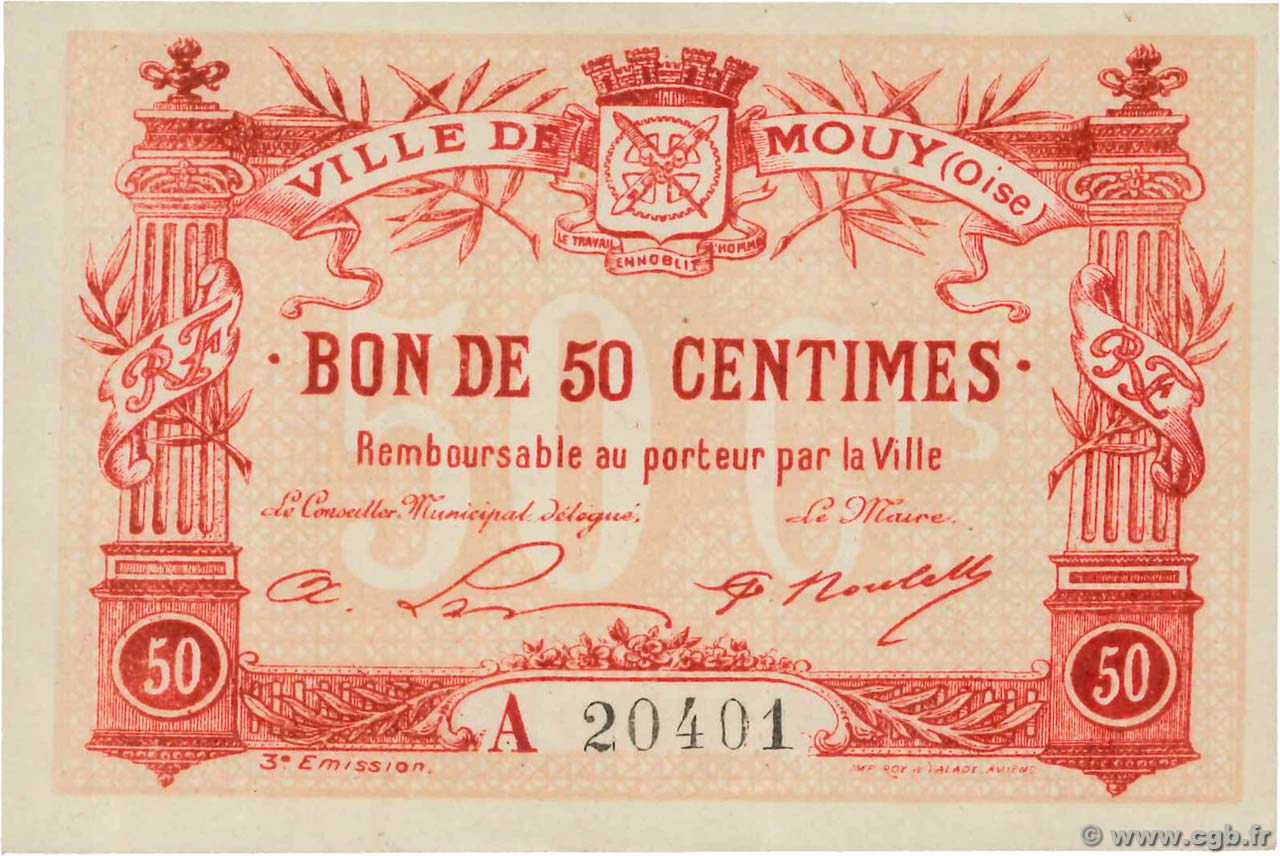 50 Centimes FRANCE regionalism and various Mouy 1916 JP.60-052 UNC
