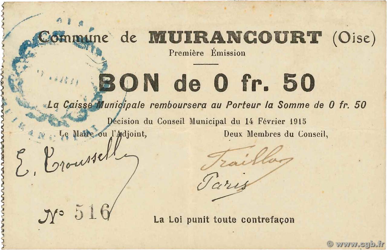 50 Centimes FRANCE régionalisme et divers Muirancourt 1915 JP.60-058 TTB