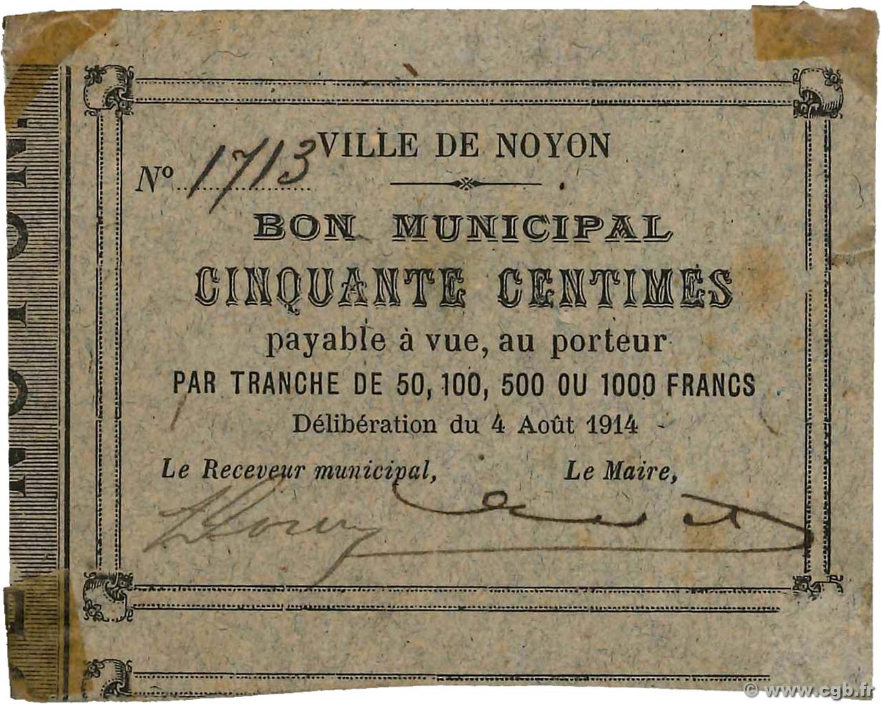 50 Centimes FRANCE regionalismo y varios Noyon 1914 JP.60-061 EBC