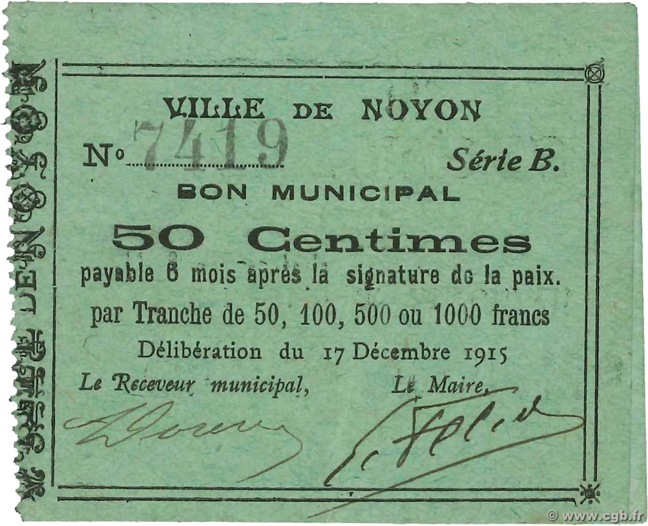 50 Centimes FRANCE regionalism and various Noyon 1915 JP.60-065 VF