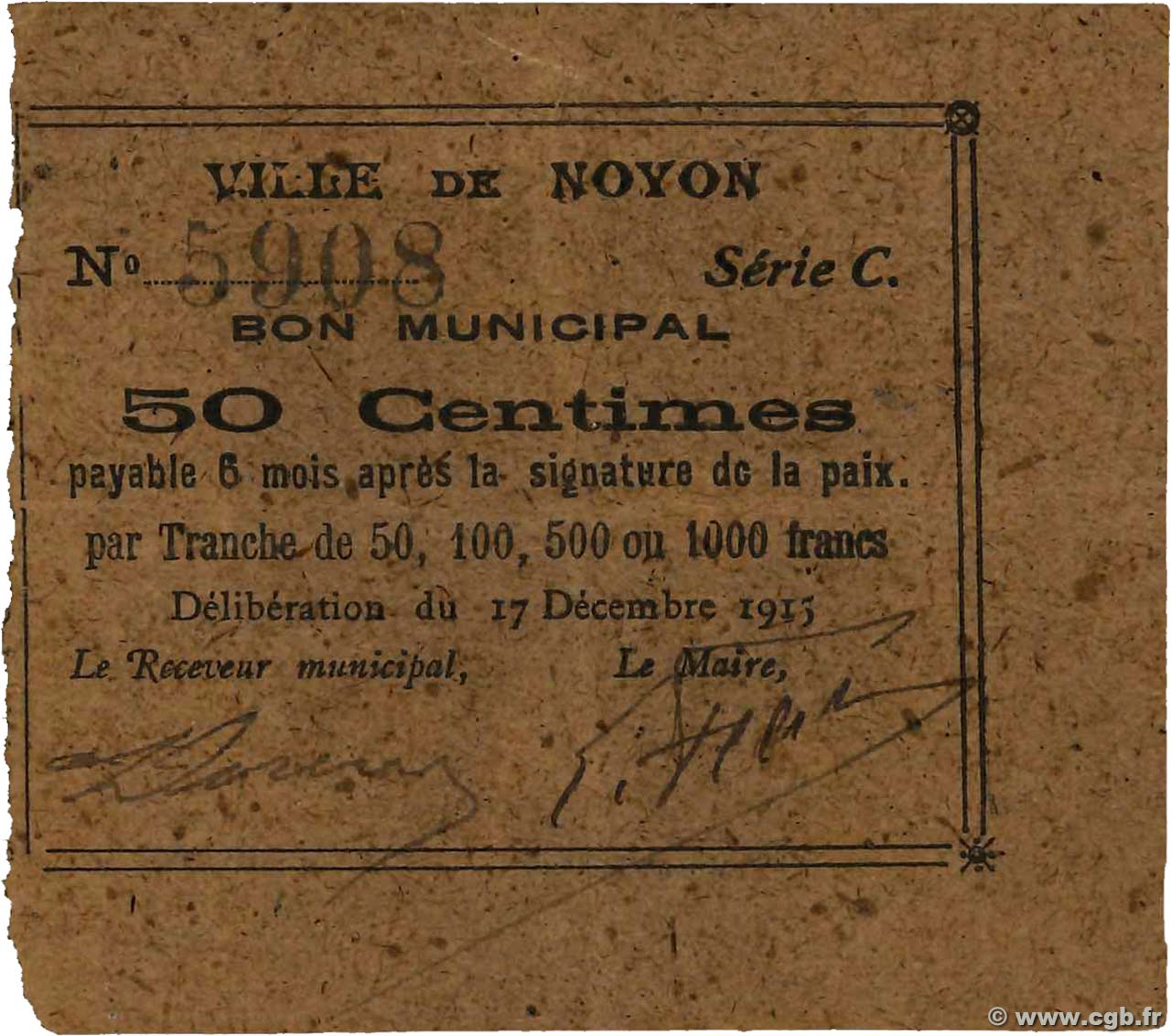 50 Centimes FRANCE regionalismo y varios Noyon 1915 JP.60-068 MBC