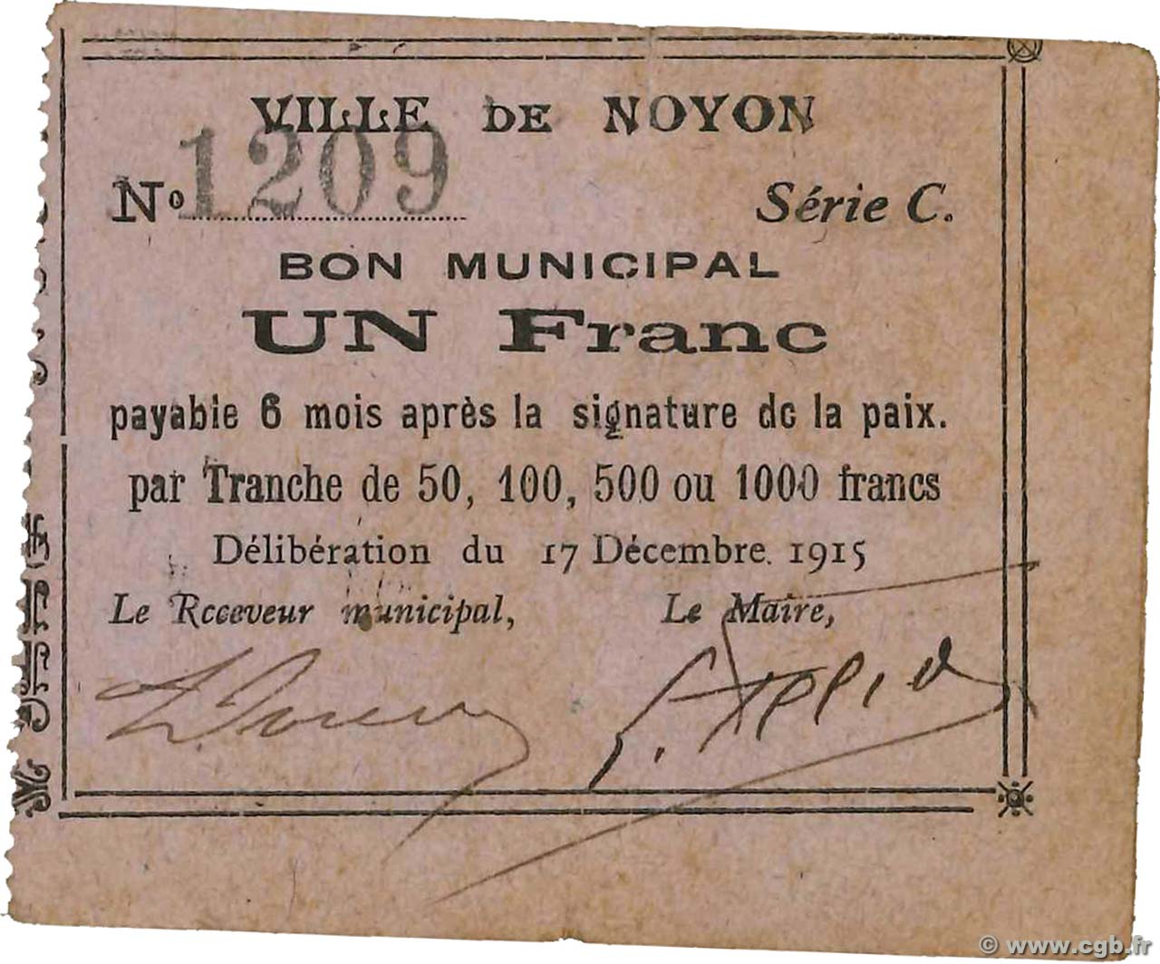 1 Franc FRANCE régionalisme et divers Noyon 1915 JP.60-069 TB
