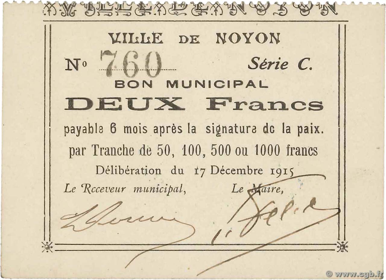 2 Francs FRANCE régionalisme et divers Noyon 1915 JP.60-070 SPL