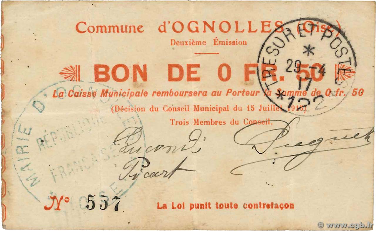50 Centimes FRANCE régionalisme et divers Ognolles 1915 JP.60-079 TTB