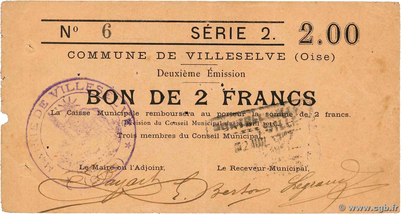 2 Francs FRANCE Regionalismus und verschiedenen Villeselve 1915 JP.60-089 SS