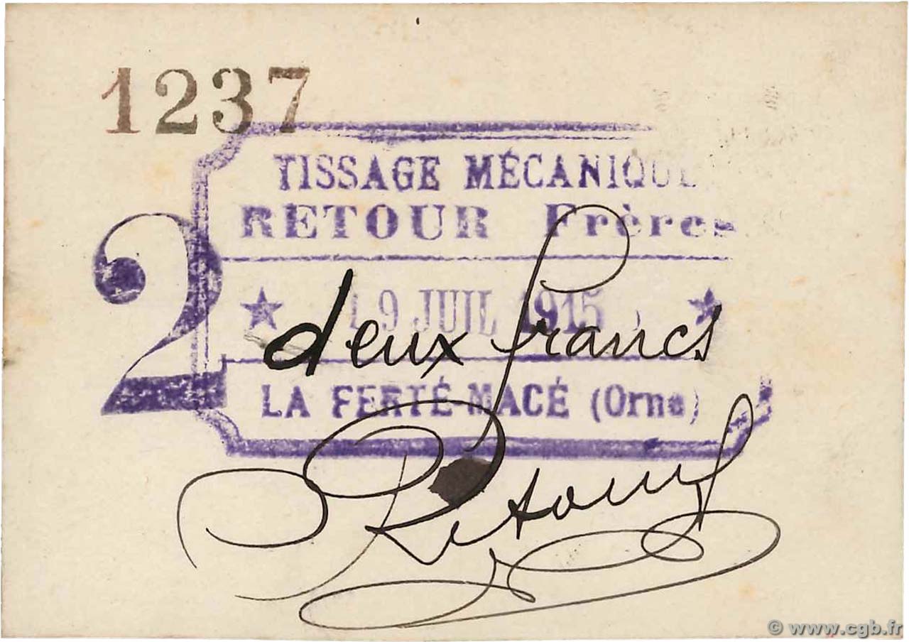 2 Francs FRANCE regionalism and various La Ferte-Mace 1915 JP.61-007 AU