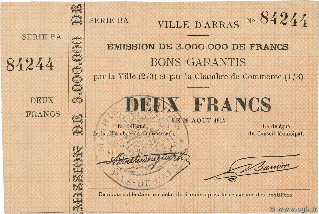 2 Francs FRANCE régionalisme et divers Arras 1914 JP.62-0015 SPL