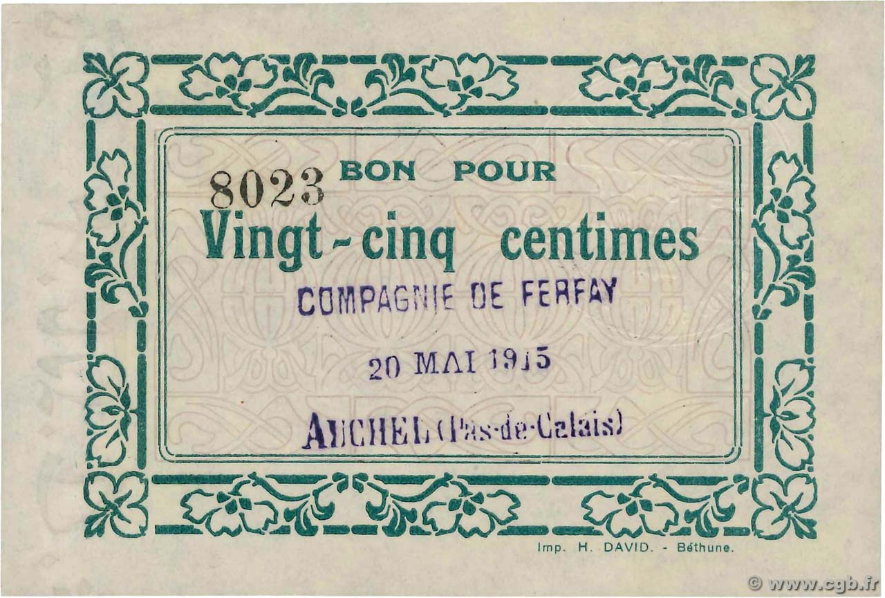 25 Centimes FRANCE régionalisme et divers Auchel 1915 JP.62-0016 SPL