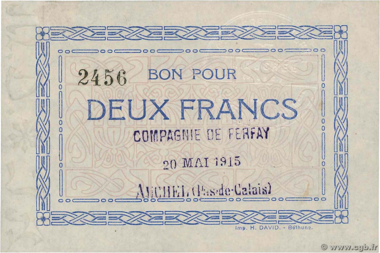 2 Francs FRANCE regionalism and miscellaneous Auchel 1915 JP.62-0022 XF