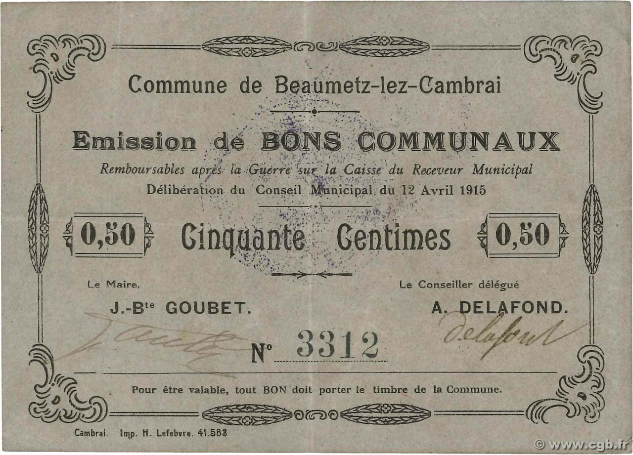 50 Centimes FRANCE régionalisme et divers Beaumetz-Lez-Cambrai 1915 JP.62-0098 SUP