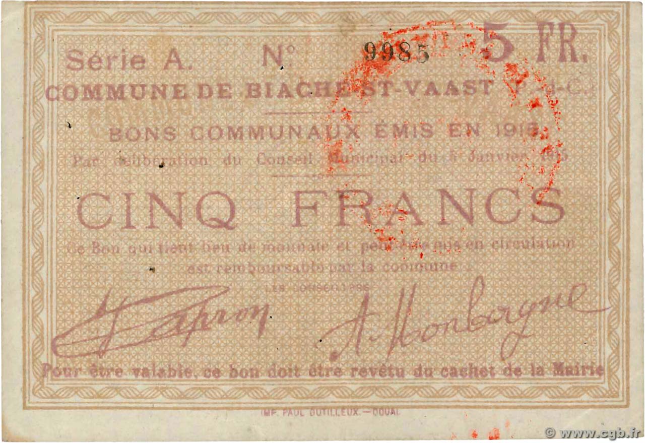 5 Francs FRANCE Regionalismus und verschiedenen Biache-St-Vaast 1915 JP.62-0111 SS