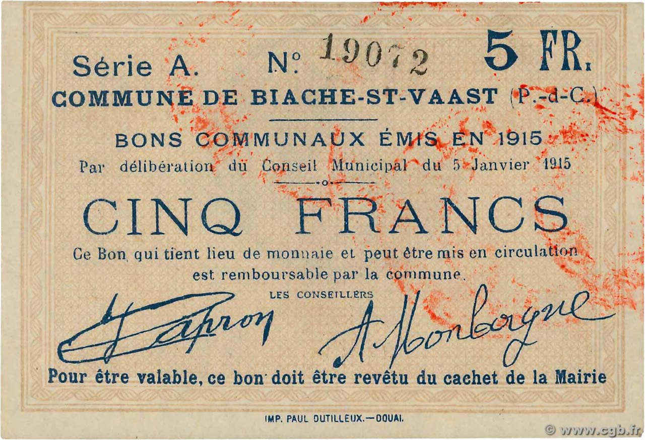 5 Francs FRANCE régionalisme et divers Biache-St-Vaast 1915 JP.62-0112 SUP