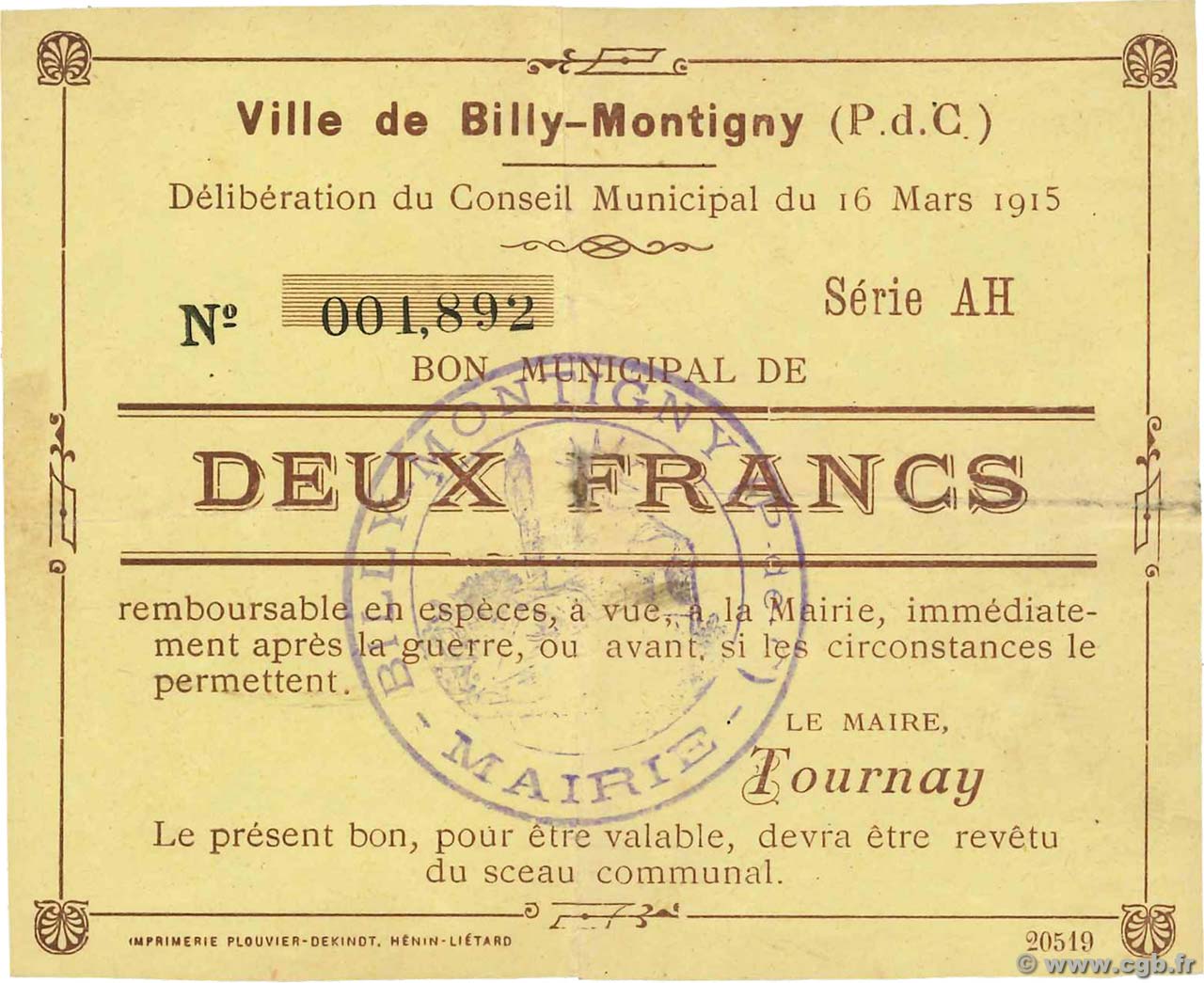 2 Francs FRANCE régionalisme et divers Billy-Montigny 1915 JP.62-0133 TTB