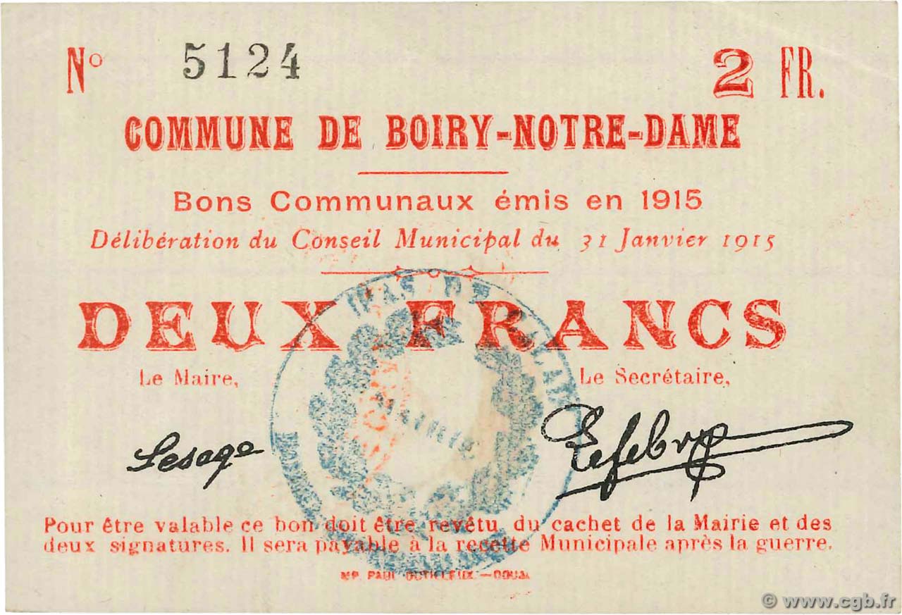 2 Francs FRANCE régionalisme et divers Boiry-Notre-Dame 1915 JP.62-0169 SPL