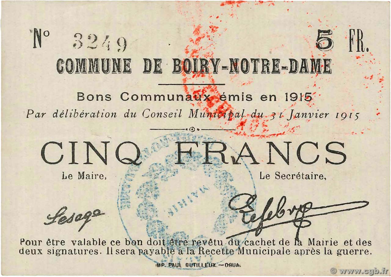5 Francs FRANCE régionalisme et divers Boiry-Notre-Dame 1915 JP.62-0170 TTB
