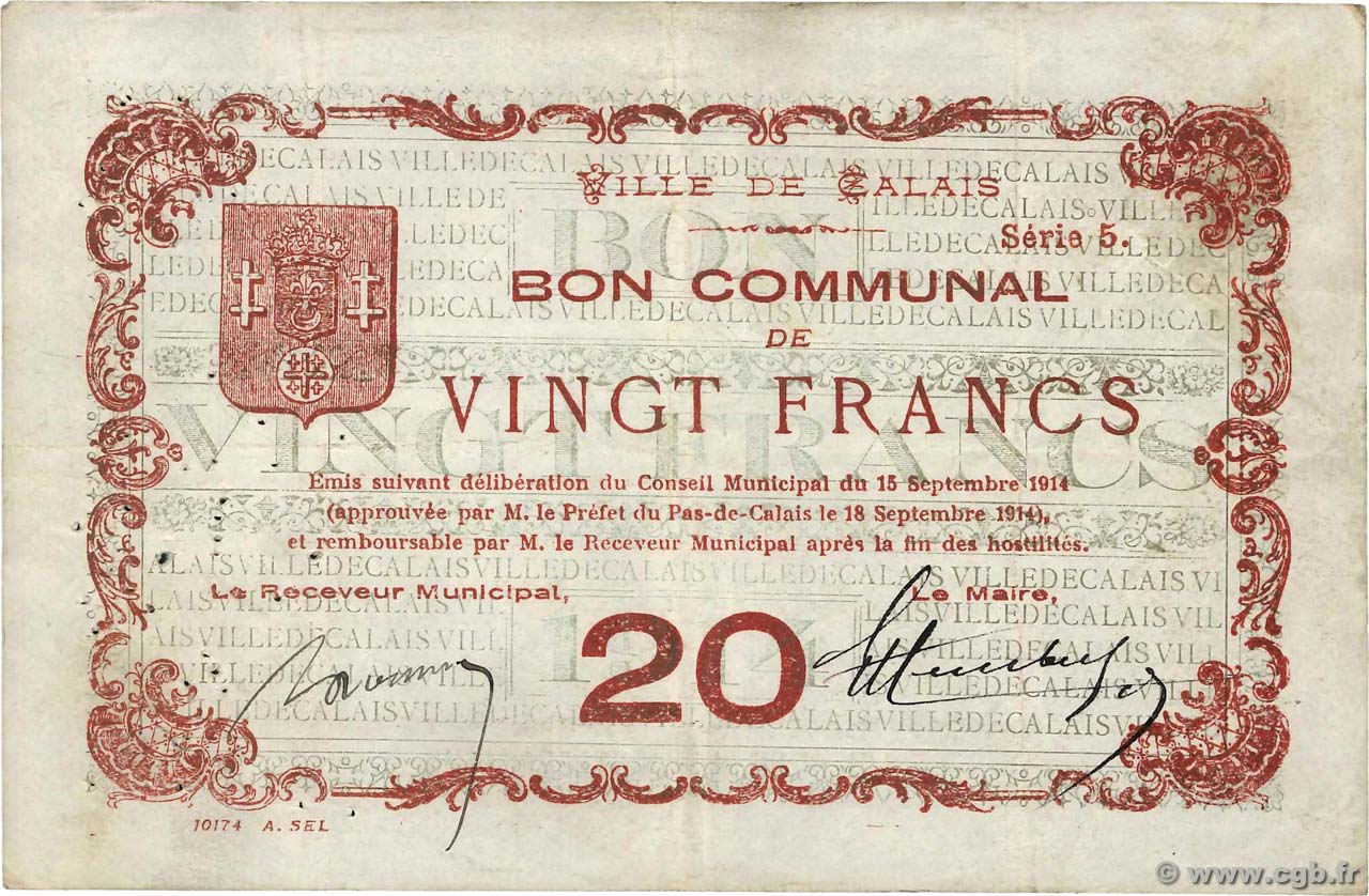 20 Francs FRANCE régionalisme et divers Calais 1914 JP.62-0233 TTB