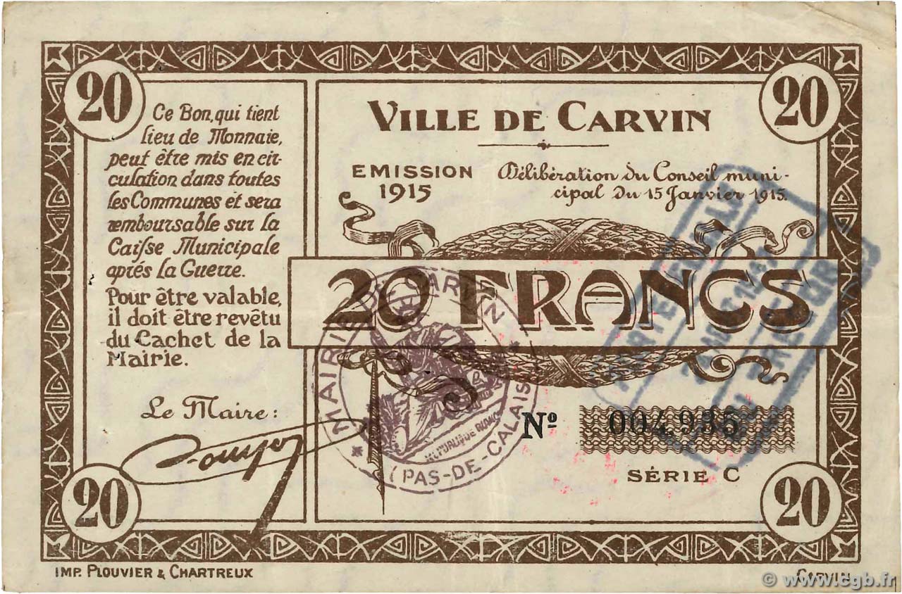 20 Francs FRANCE regionalism and miscellaneous Carvin 1915 JP.62-0251 VF