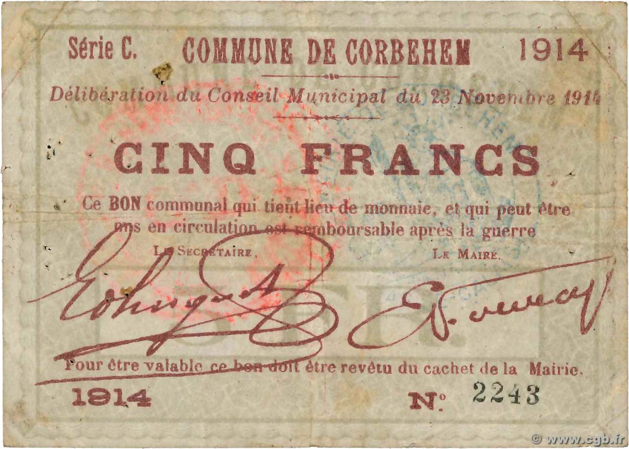 1 Franc FRANCE régionalisme et divers Corbehem 1914 JP.62-0258 TTB