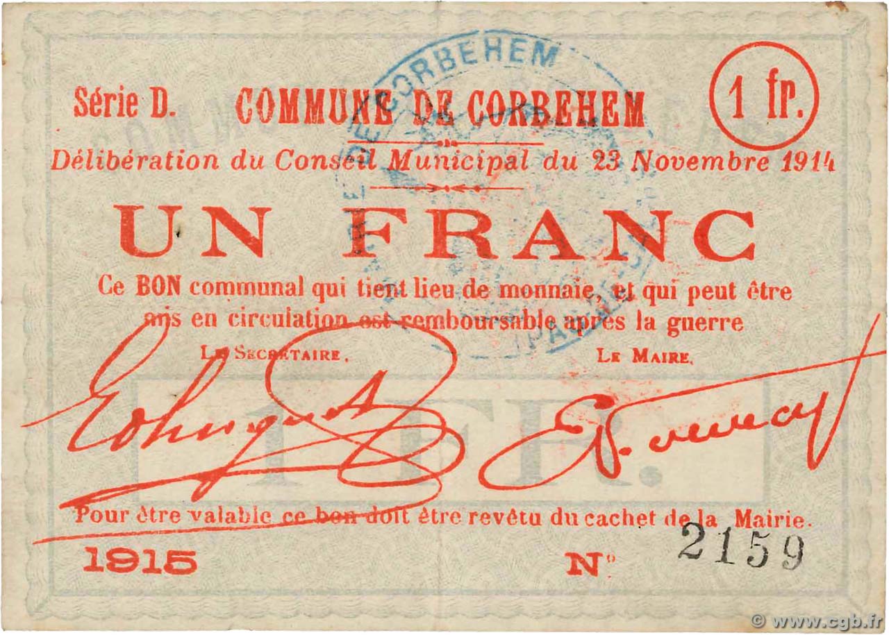 1 Franc FRANCE régionalisme et divers Corbehem 1914 JP.62-0269 TTB