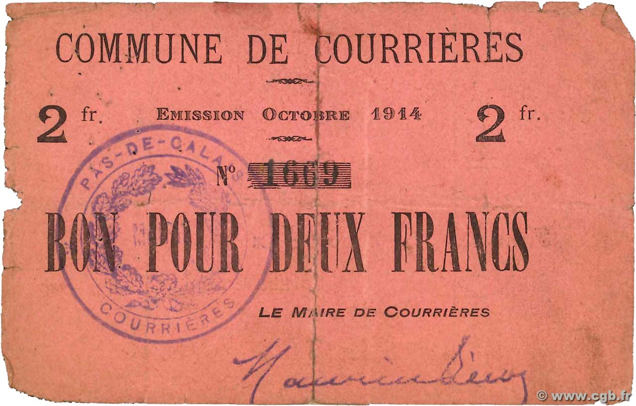 2 Francs FRANCE regionalismo y varios Courrieres 1914 JP.62-0292 RC