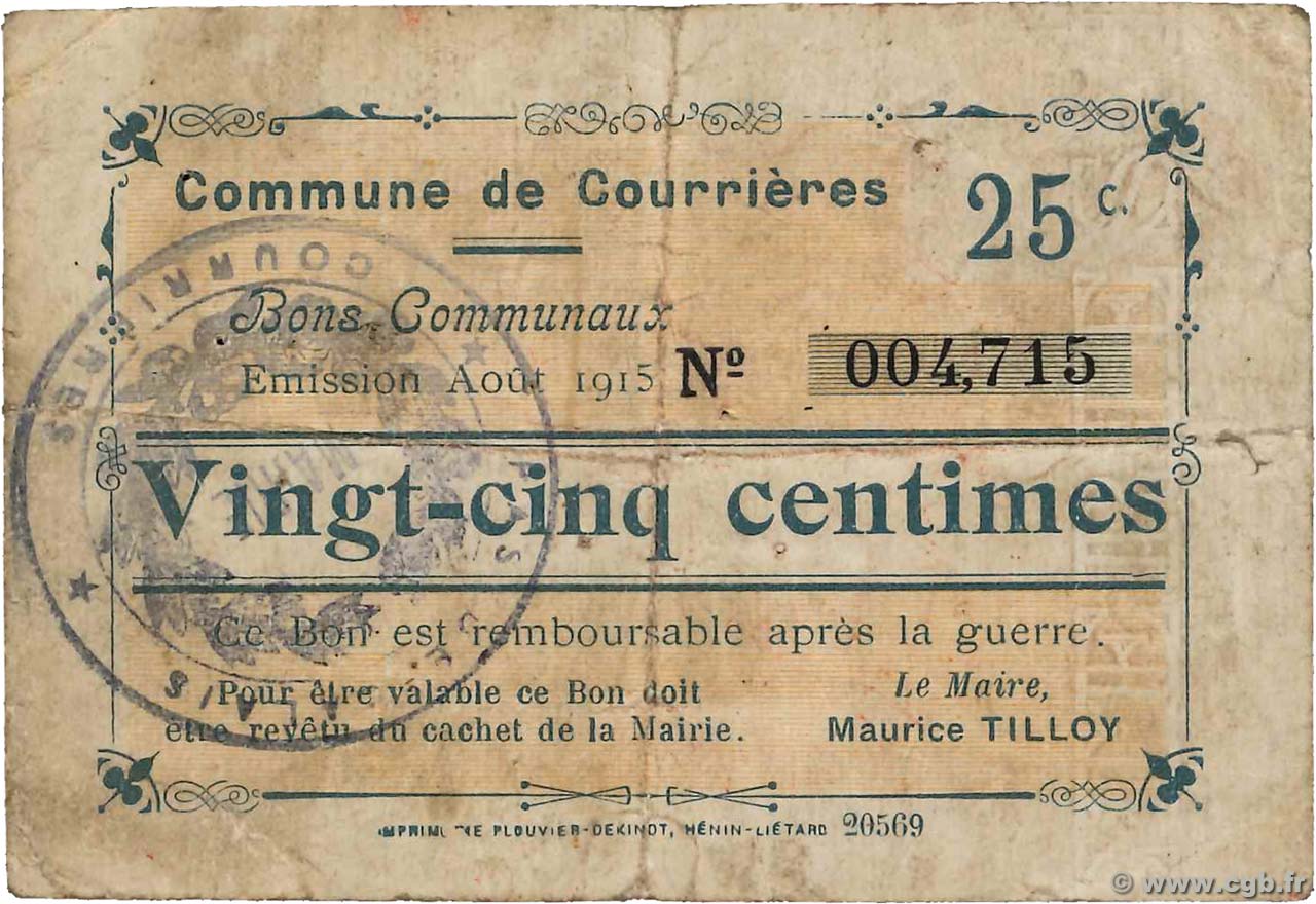 25 Centimes FRANCE regionalism and various Courrieres 1915 JP.62-0324 F