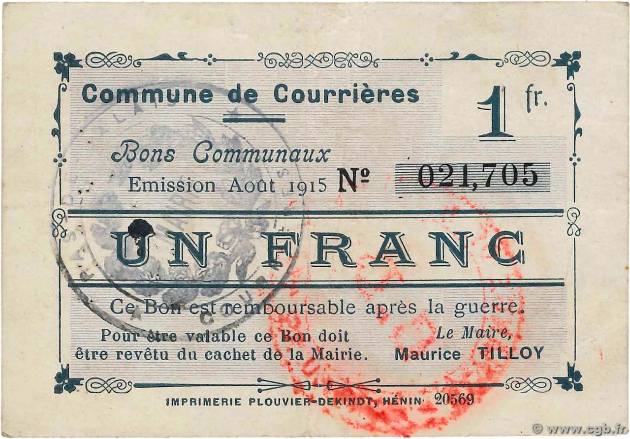 1 Franc FRANCE regionalism and various Courrieres 1915 JP.62-0326 VF